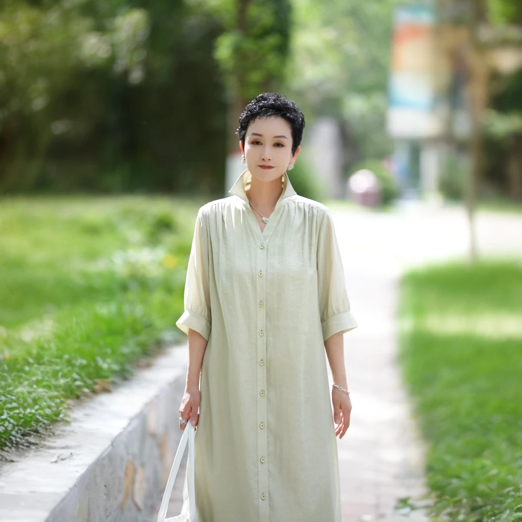 溏朵记夏季新款法式风轻薄透气百搭气质宽松遮肉连衣裙88176