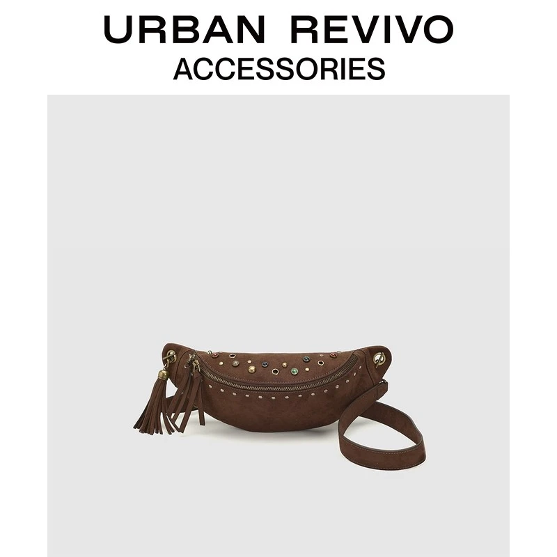 URBAN REVIVO2026春季新款女复古绒面铆钉单肩斜挎包UAWB60002
