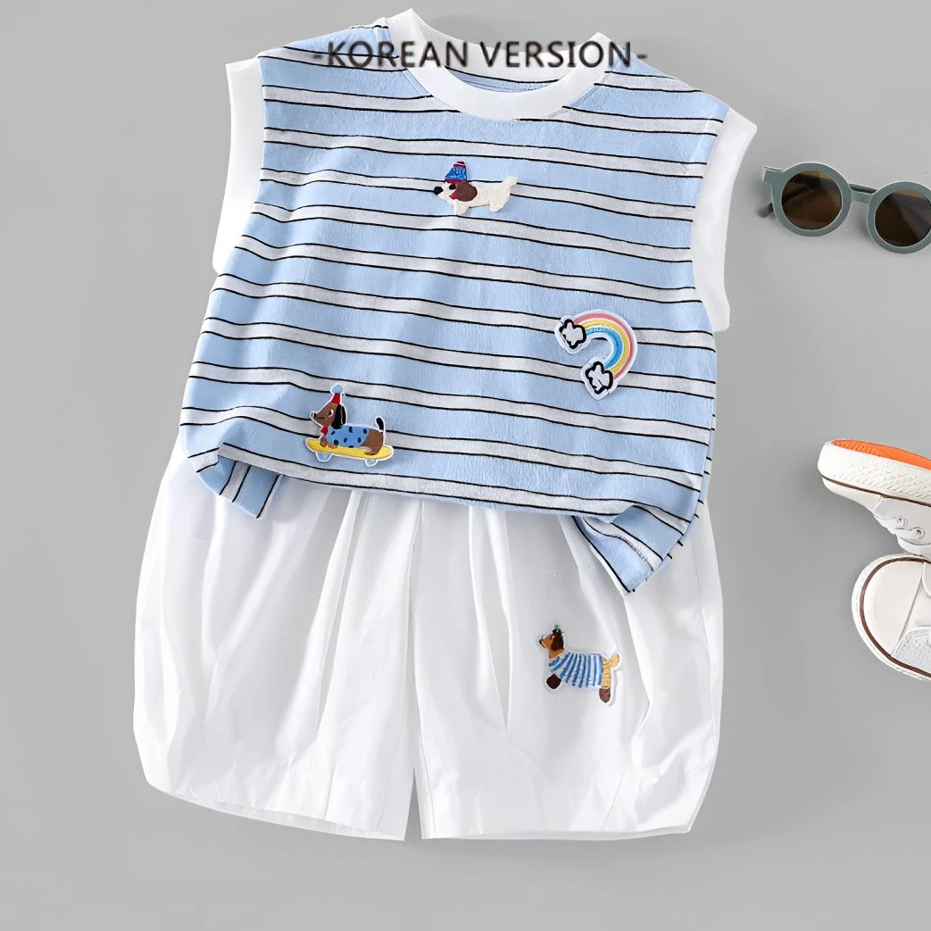 2025新款儿童夏季条纹无袖背心短裤套装韩版男童白色七分裤两件套