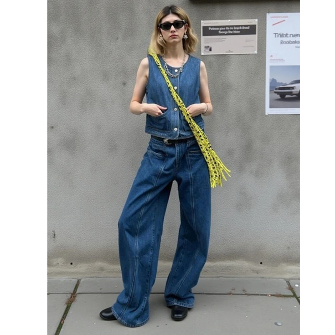 蓝色牛仔套装女2025夏装高级感复古美式辣妹马甲上衣阔腿裤两件套
