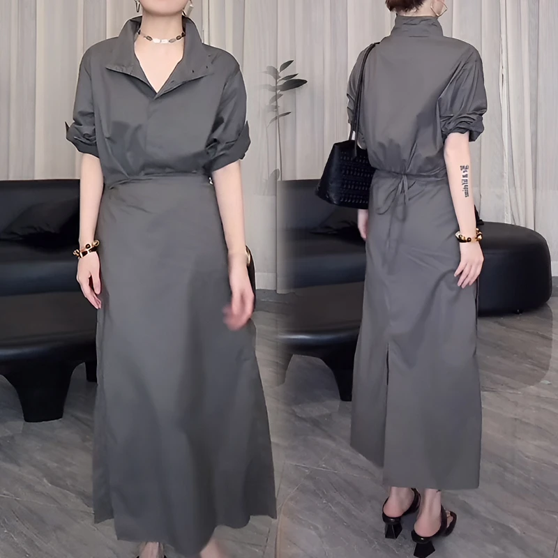 设计感假两件衬衣系带连衣裙一片式收腰显瘦长袖长裙韩版气质新款