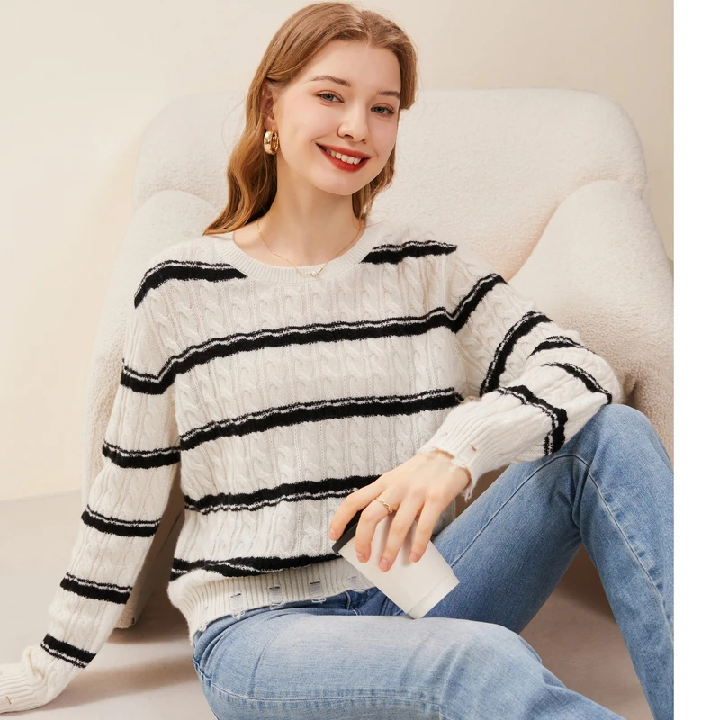 MIHUANG/米皇2025新款100山羊绒圆领提花条纹羊绒女衫642578