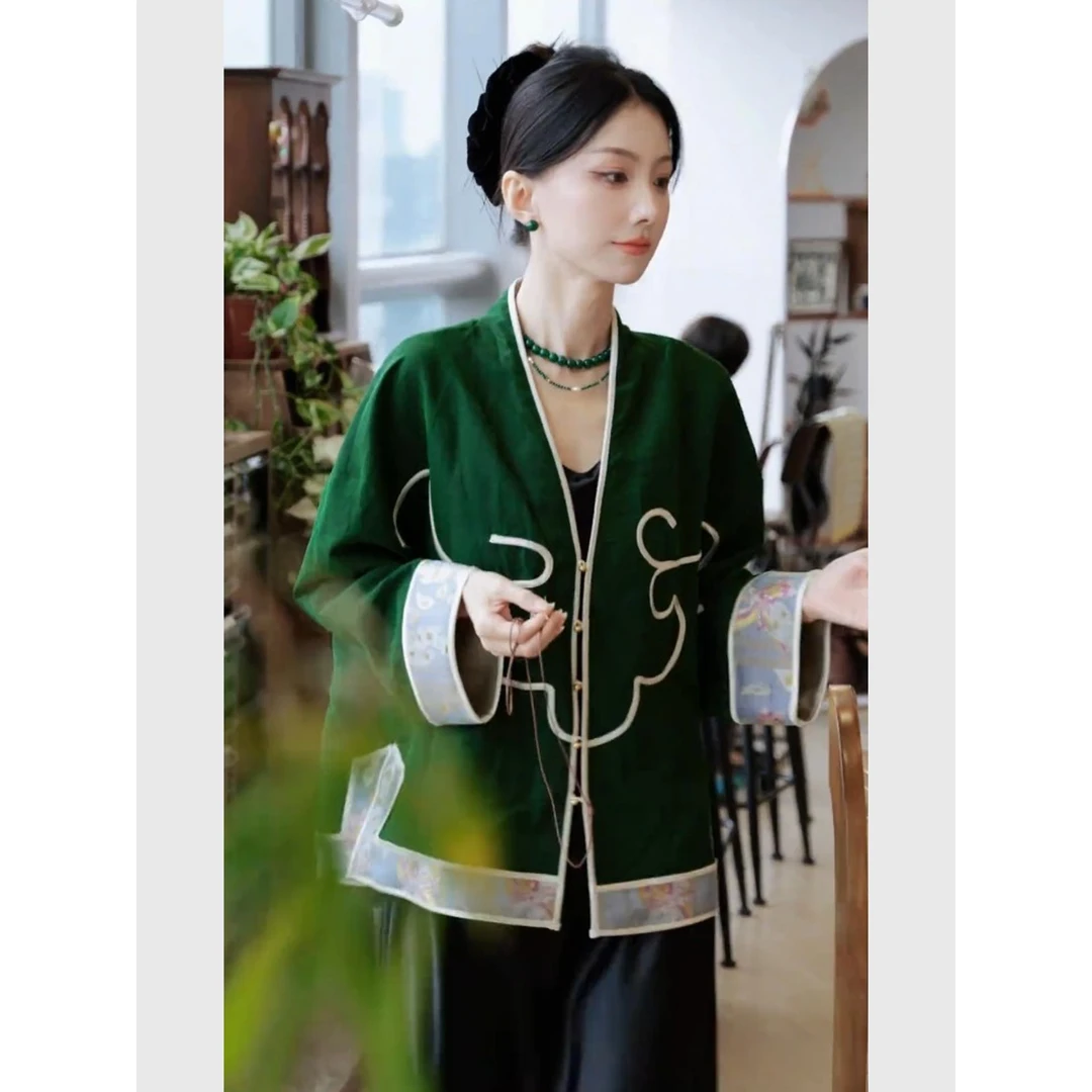 新中式汉服墨绿色衬衫外套秋季2025新款国风改良日常可穿盘扣上衣