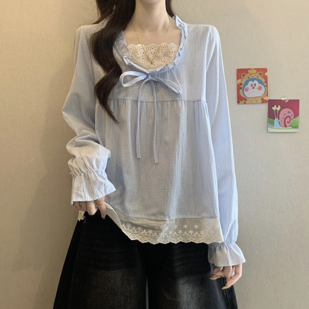 大码女装遮肚子蕾丝花边减龄长袖衬衫春秋胖妹妹宽松显瘦百搭上衣