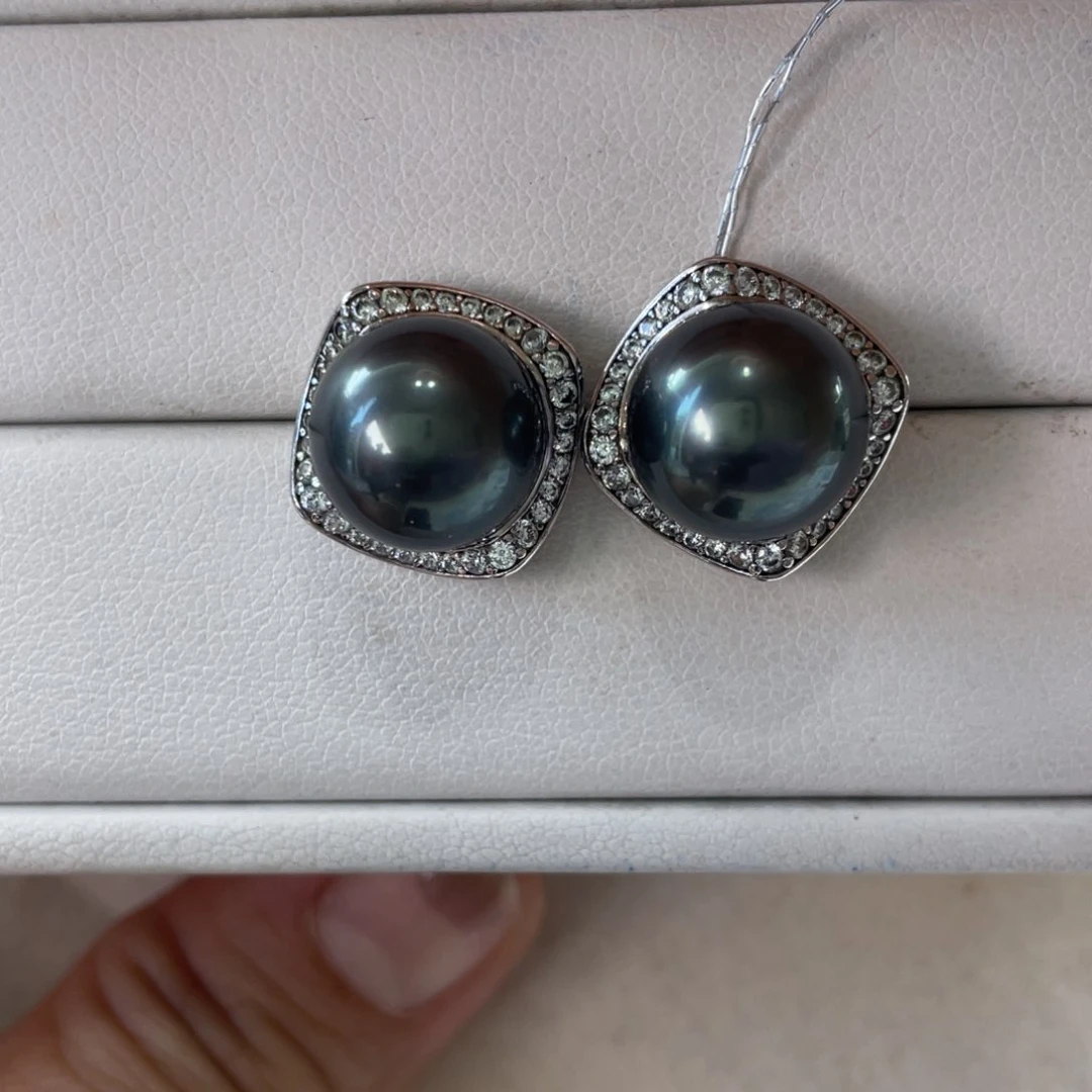 银S925镶嵌耳饰海水珍珠大溪地11-12m m