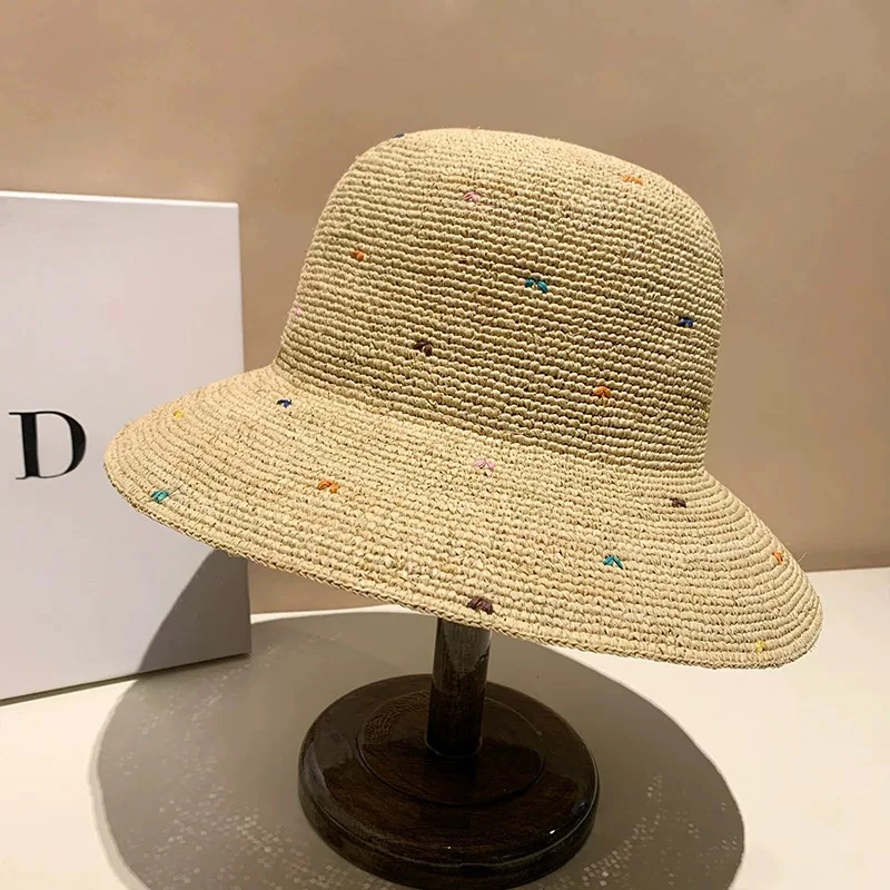彩色点点特细拉菲草帽女夏季大檐可折叠海边太阳帽遮阳渔夫帽