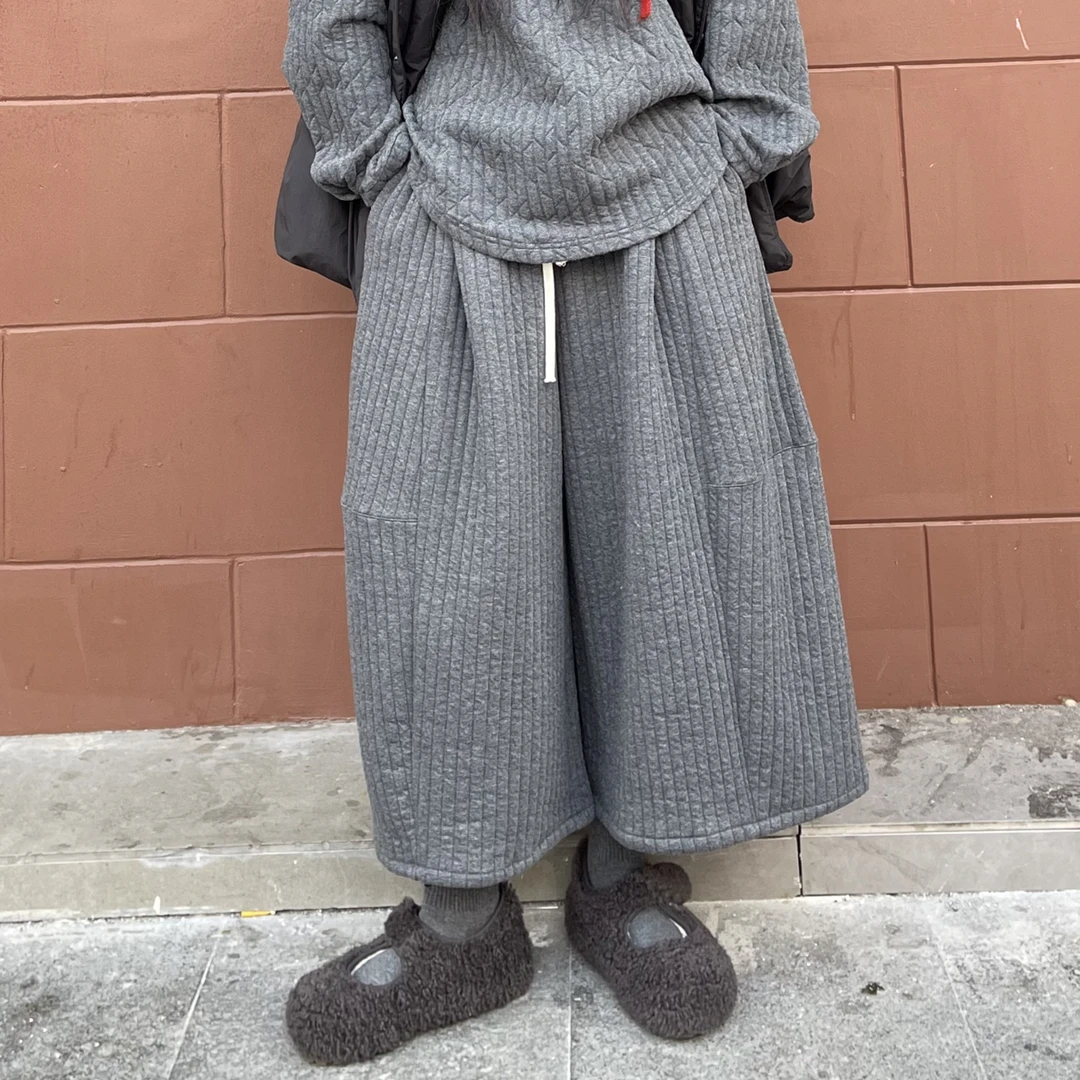 韩系夹棉竖纹九分阔腿裤冬季显瘦宽松慵懒风直筒休闲裤