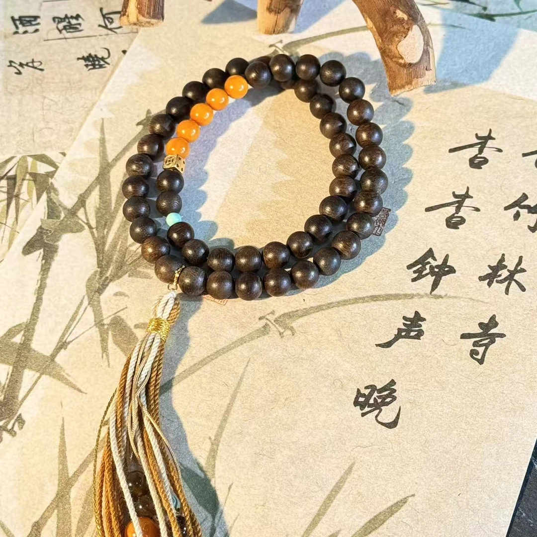 沉香【景润·一两金】紫棋楠沉香圆珠藏式风流苏设计沉香双圈手链