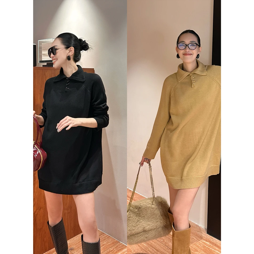 紫紫  角扣毛衣裙   线条美学绵羊毛半高领毛织连衣裙ZD11LMYL852