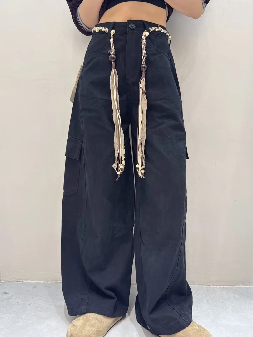 欧货2025秋季新款高腰显瘦工装阔腿裤女宽松休闲直筒弯刀裤牛仔裤