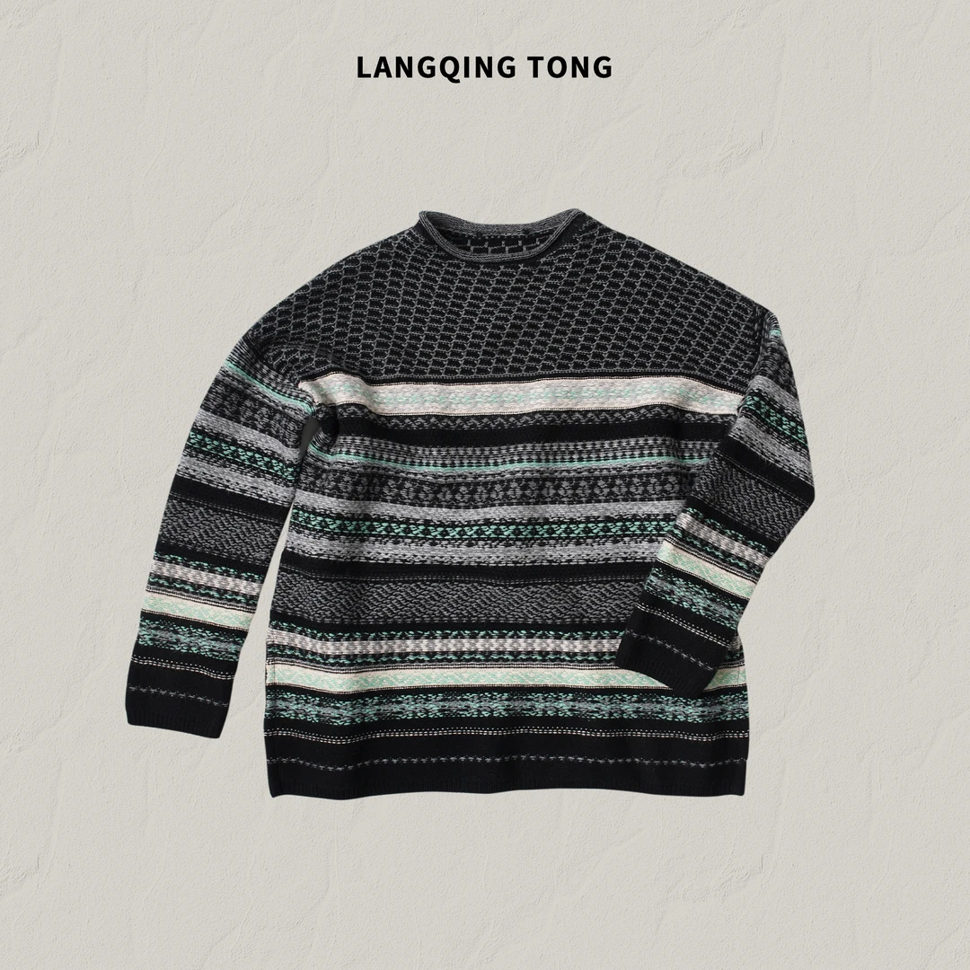 LANGQING 复古慵懒风提花条纹100%美丽奴羊毛针织毛衣47355#