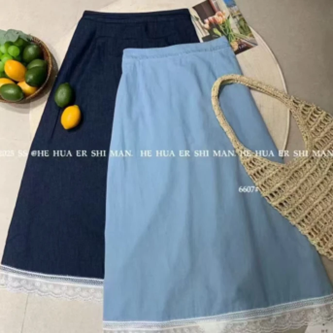 复古休闲蕾丝拼接松紧高腰A字牛仔半身裙6607