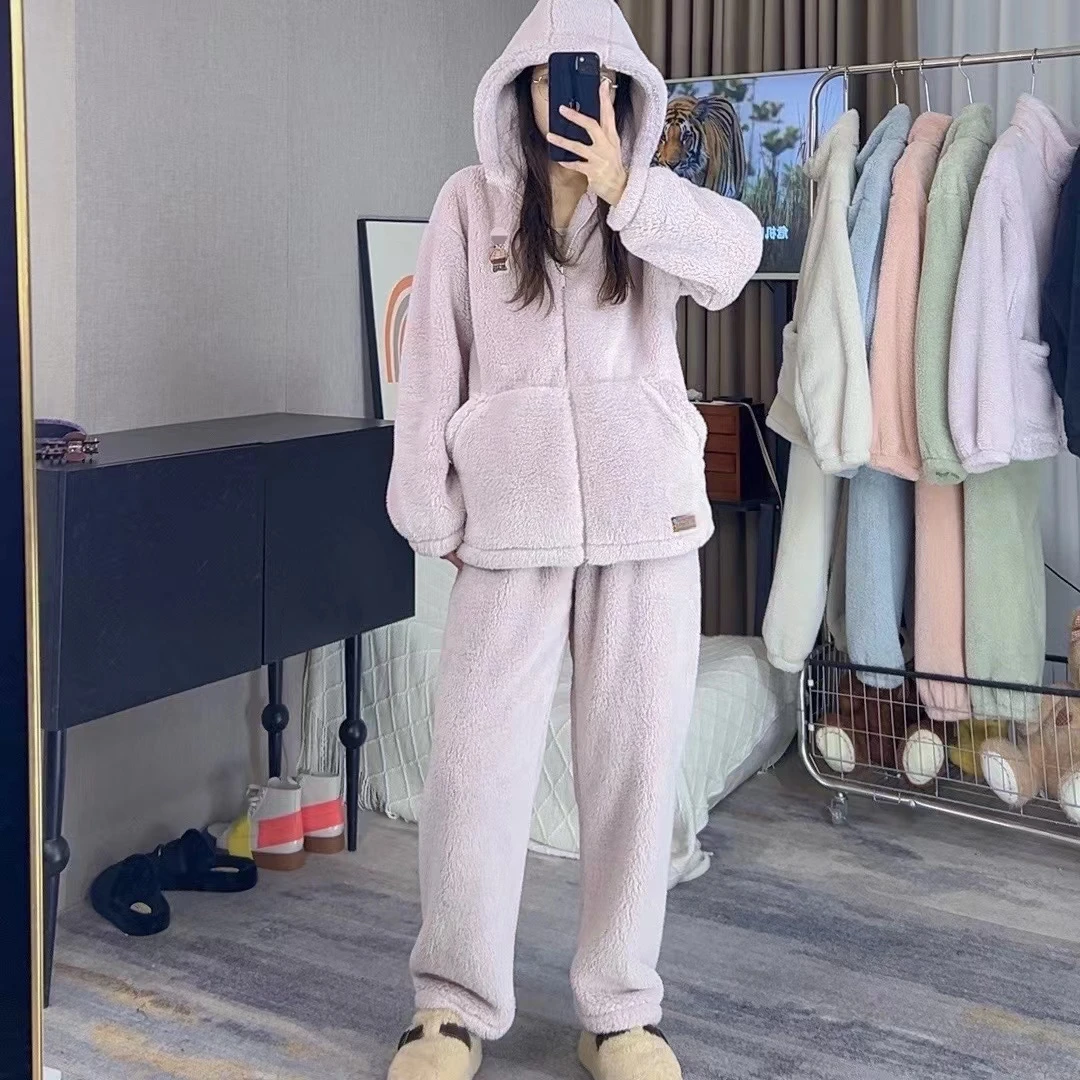 冬款加厚（雪地绒T）连帽款绒绒情侣家居服套装睡衣可外穿保暖