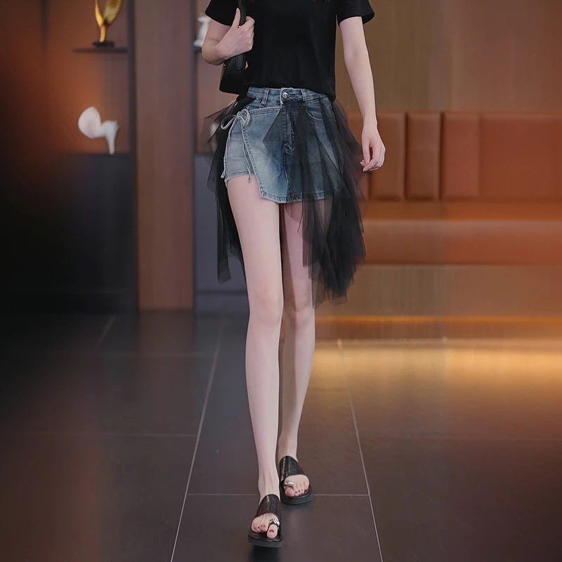 网纱拼接不规则高腰减龄牛仔半身裙女2025夏薄款百褶短裙裤设计感