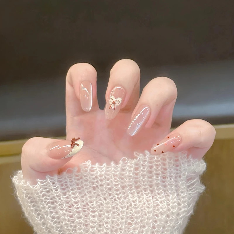 法式奶白爱心蝴蝶结穿戴甲猫眼水光波点美甲甜美温柔气质显白指甲