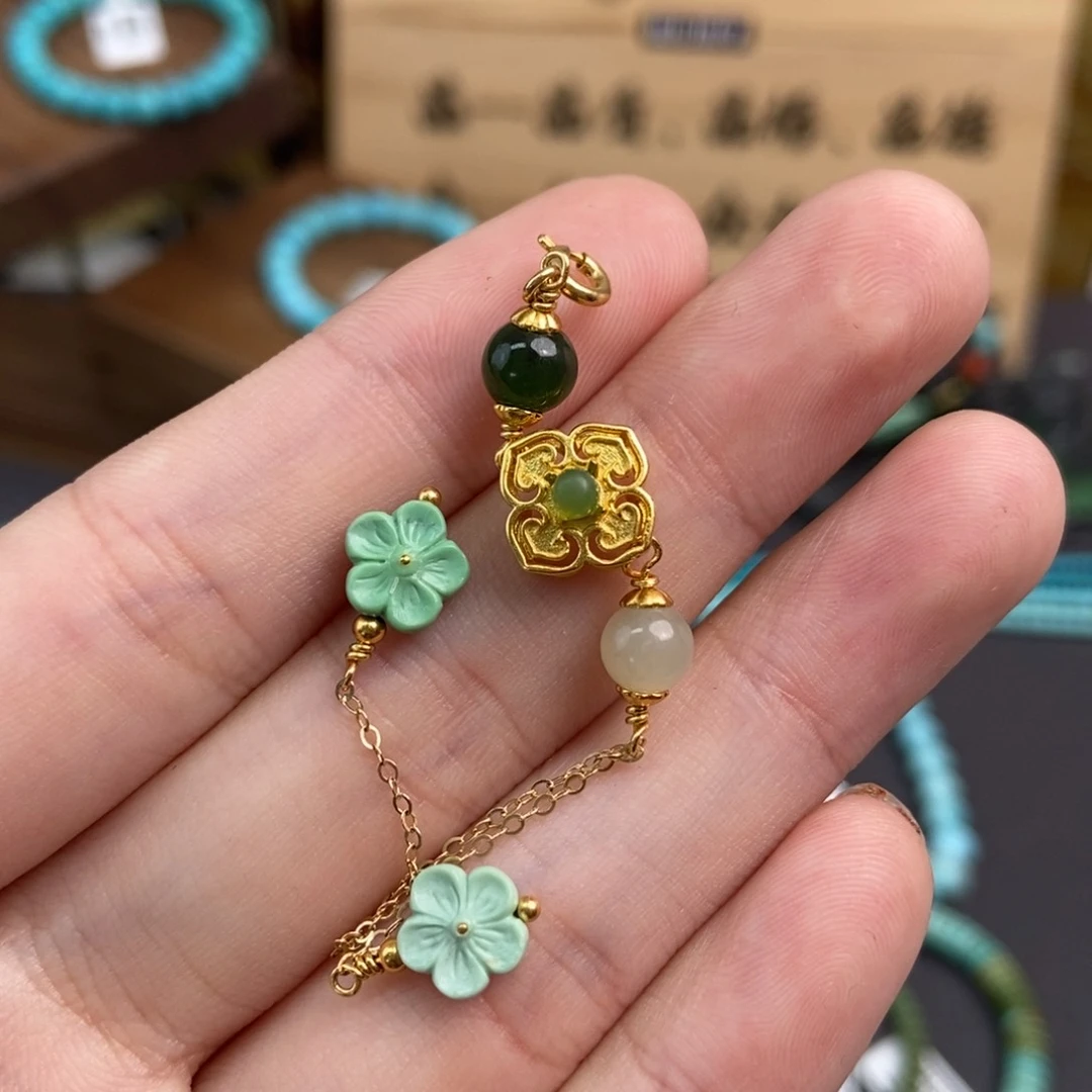 绿松石雕刻银S925镀金镶嵌