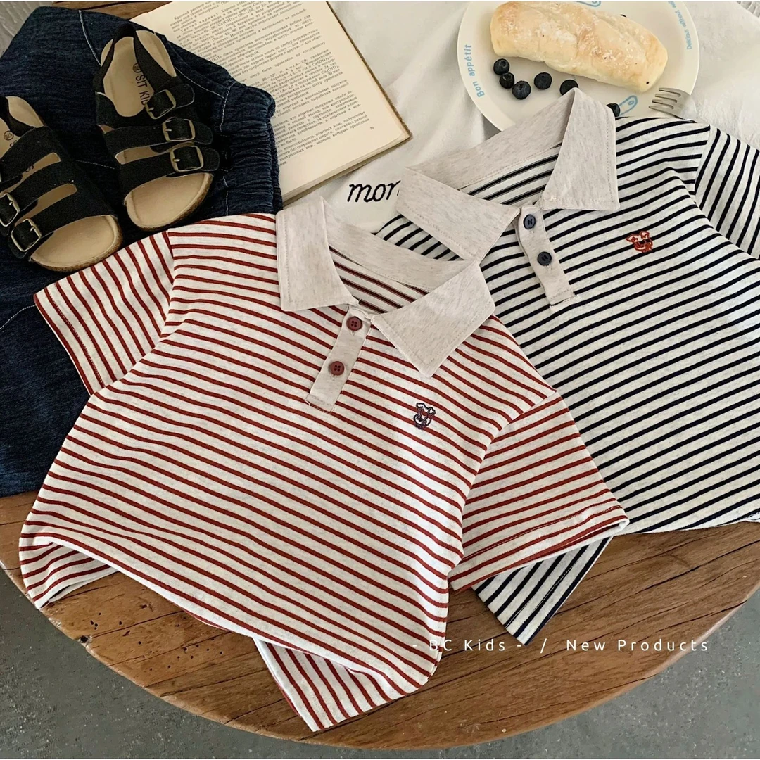 儿童POLO衫2025夏季新款男女童条纹上衣翻领夏装短袖t恤H0235