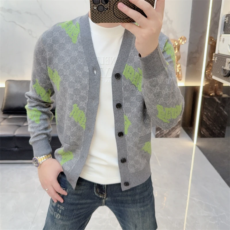 欧版男士秋冬新款针织长袖开衫外套毛衣针织衫时尚百搭轻奢提花