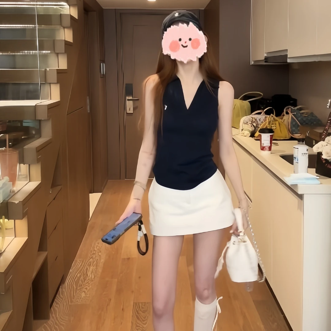 2025夏季时尚气质无袖polo背心上衣+高腰显瘦包臀a字短裙两件套女