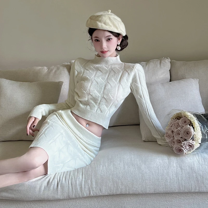 实拍慵懒风麻花针织毛衣套装裙女秋冬新款修身高腰包臀短裙两件套