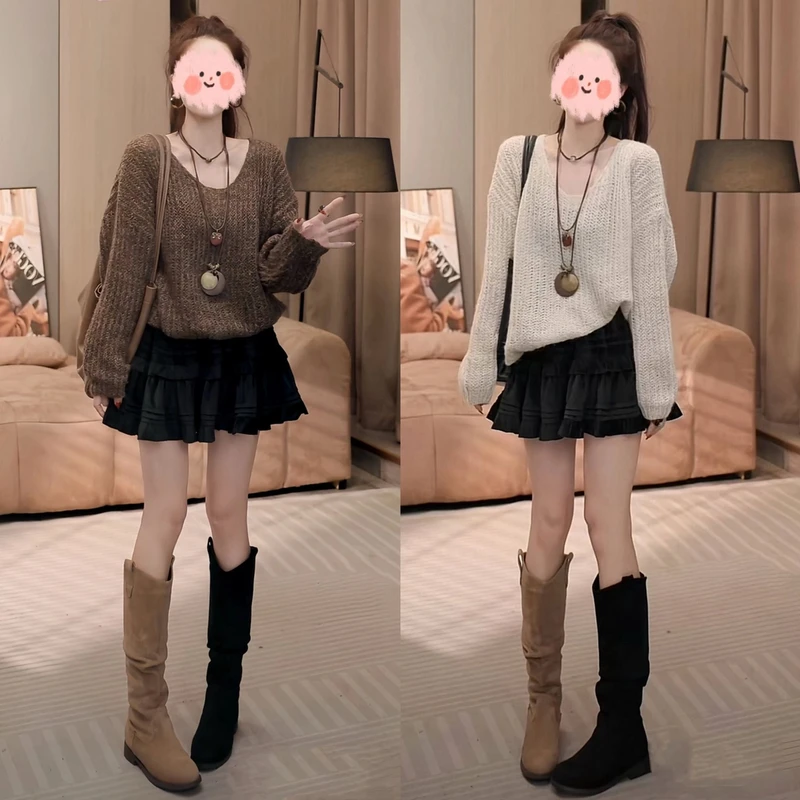 2025秋装新款v领针织毛衣+半身短裙两件套时尚洋气减龄套装潮流女