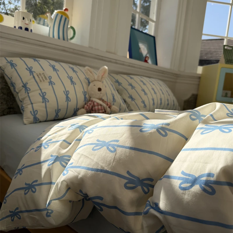 易安阁ins少女心韩系丝带蝴蝶结蓝床上四件套1.5m1.8米宿舍全棉
