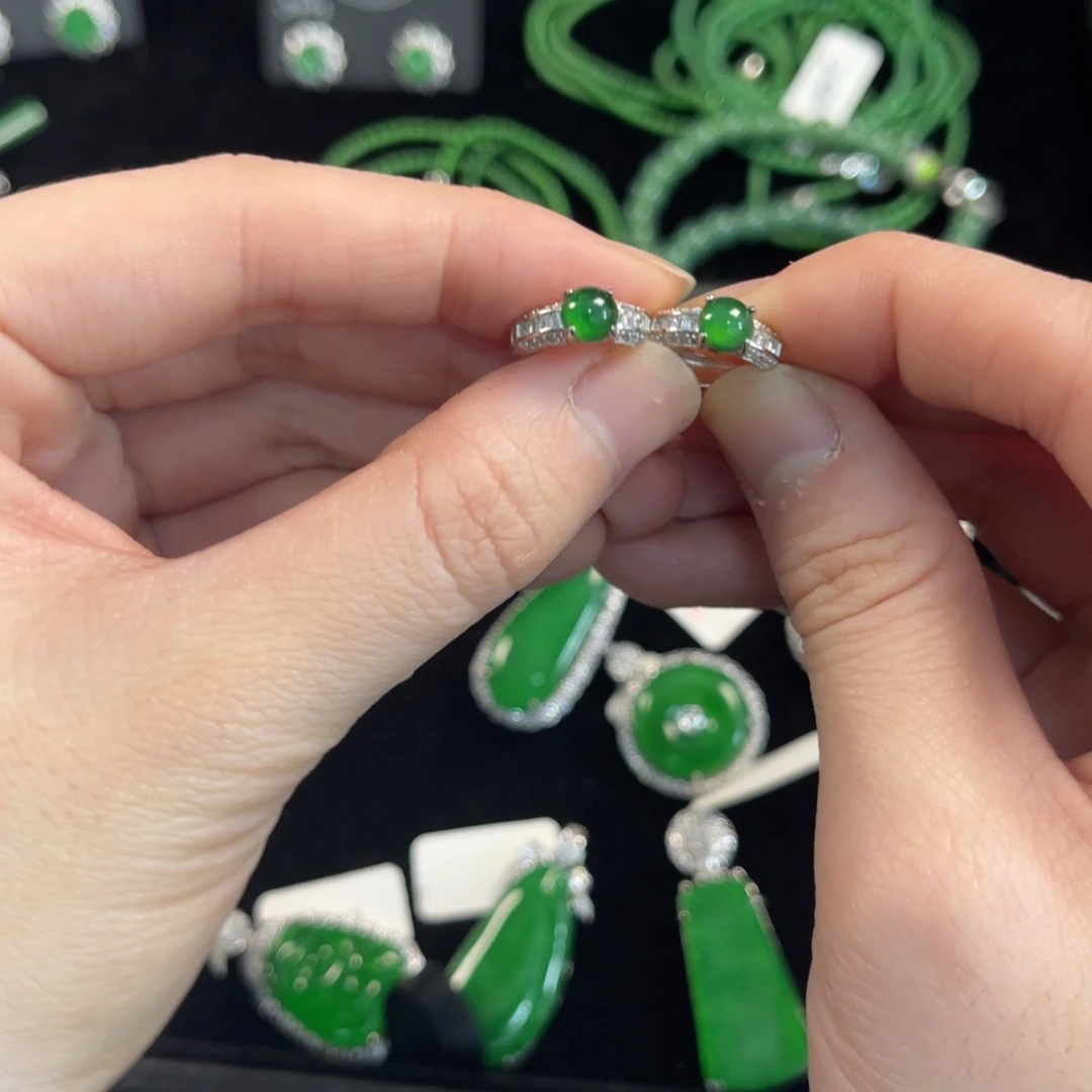 翡翠银S925镶嵌戒指蛋面耳扣