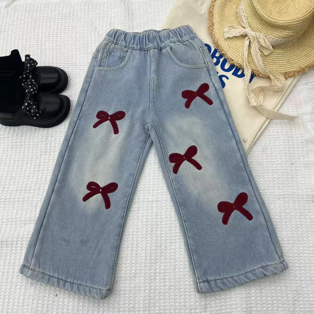 【加绒】女童冬季加绒蝴蝶结毛巾刺绣儿童直筒牛仔裤DK1240