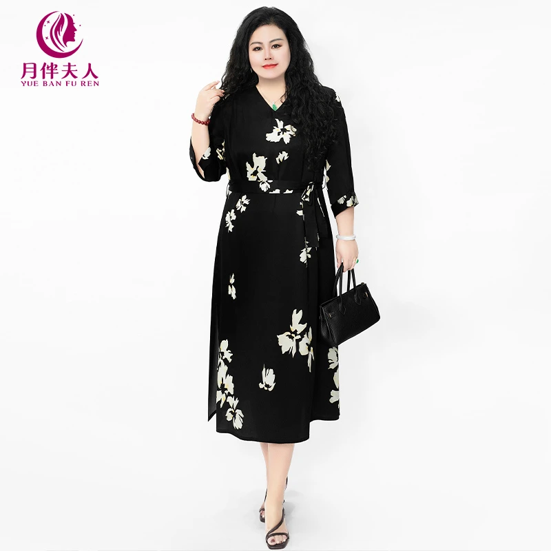月伴夫人 2025春夏新款大码时尚优雅V领绑带收腰印花连衣裙8009