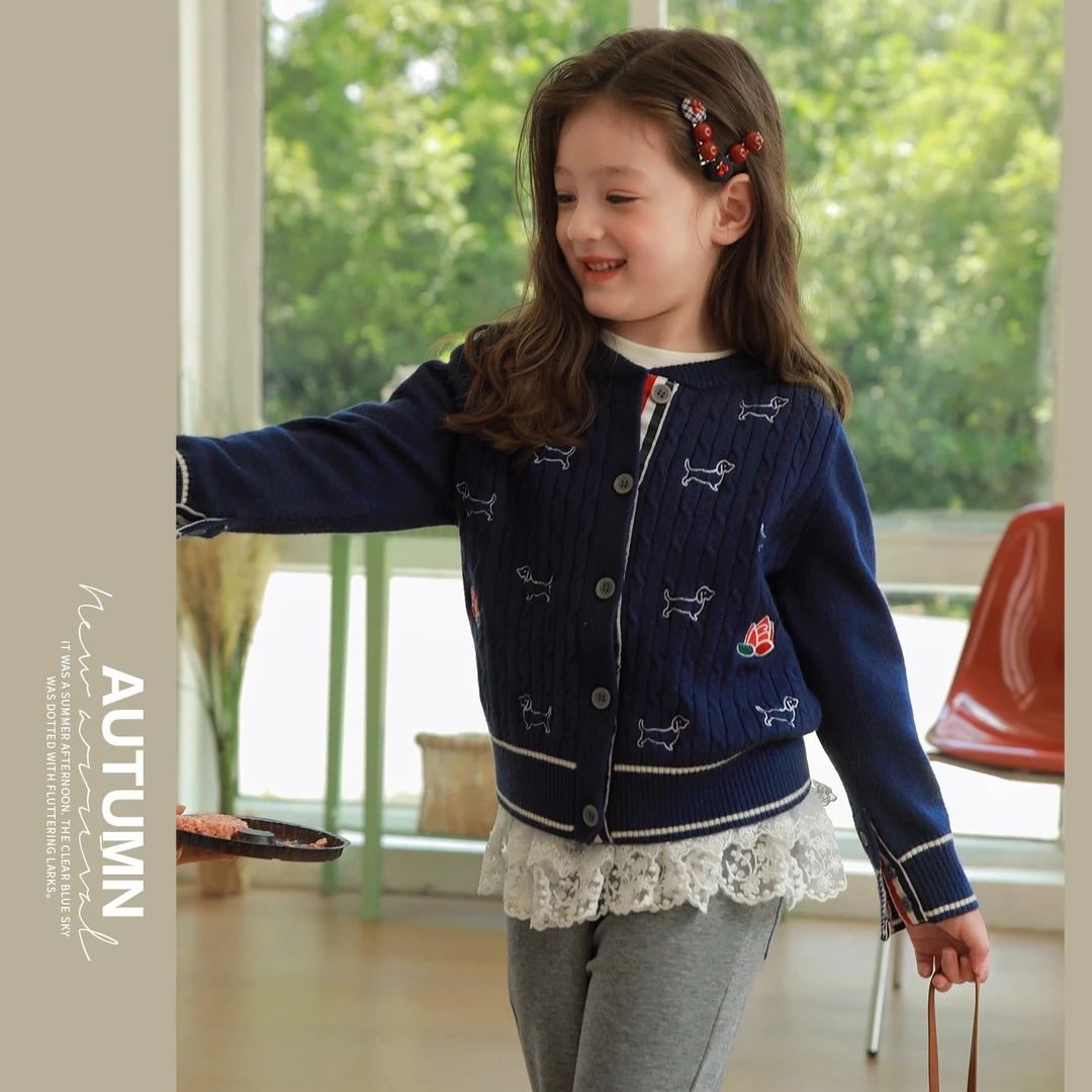 ASLN女童秋装2025新款tb小狗~高智学院风毛衣开衫