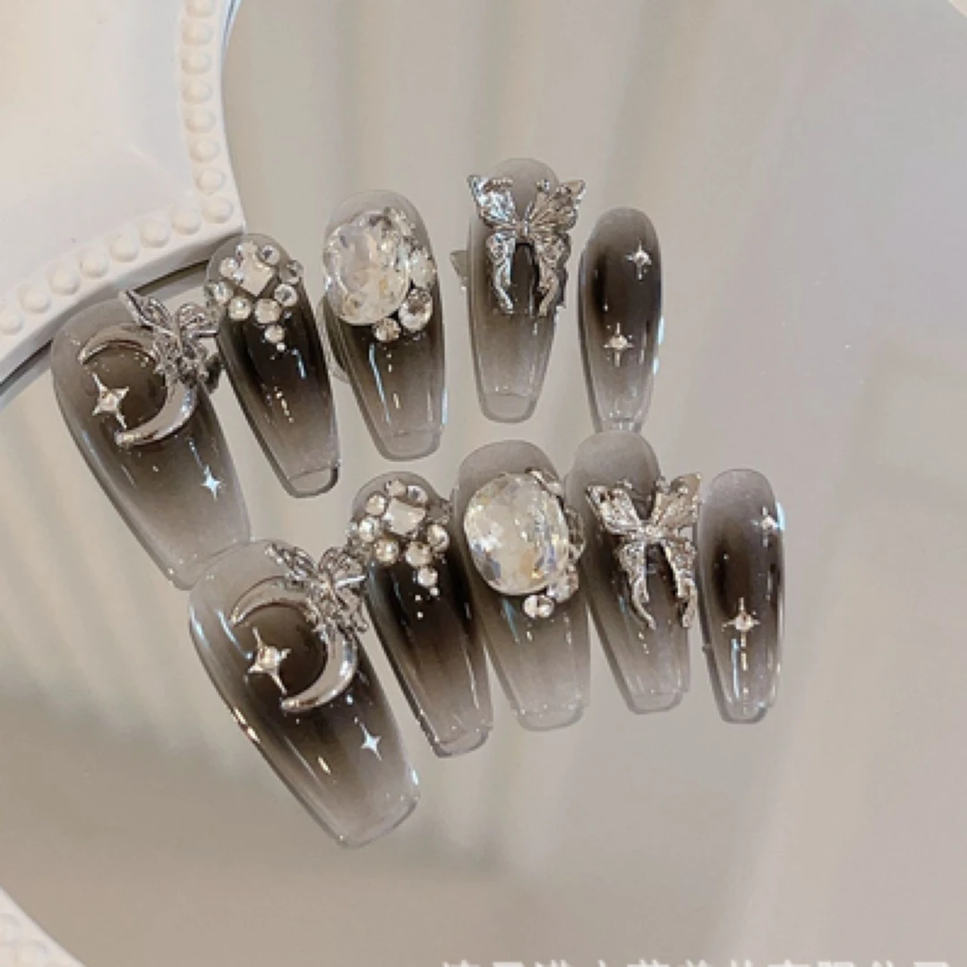 纯手工穿戴甲成品美甲贴轻奢风重工款美甲贴暗夜星芒甲片可拆