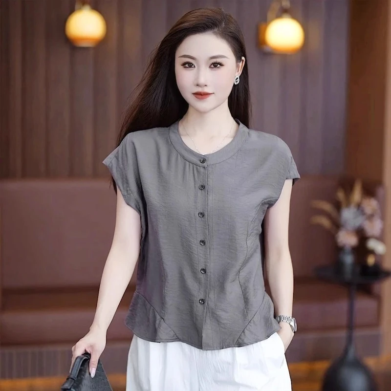 纯色百搭短袖衬衫夏季新款时尚韩版设计感显瘦I气质圆领洋气开衫