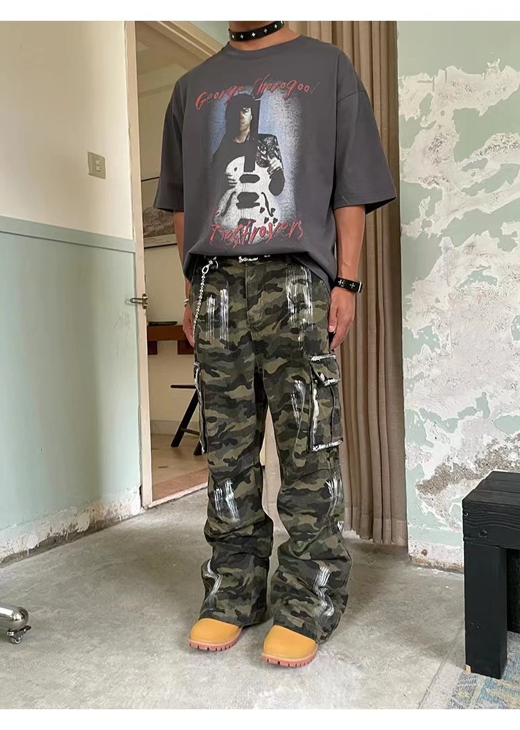 来自AN家的质感真的没得说！某保179！擦脏水洗褶皱口袋迷彩工装裤