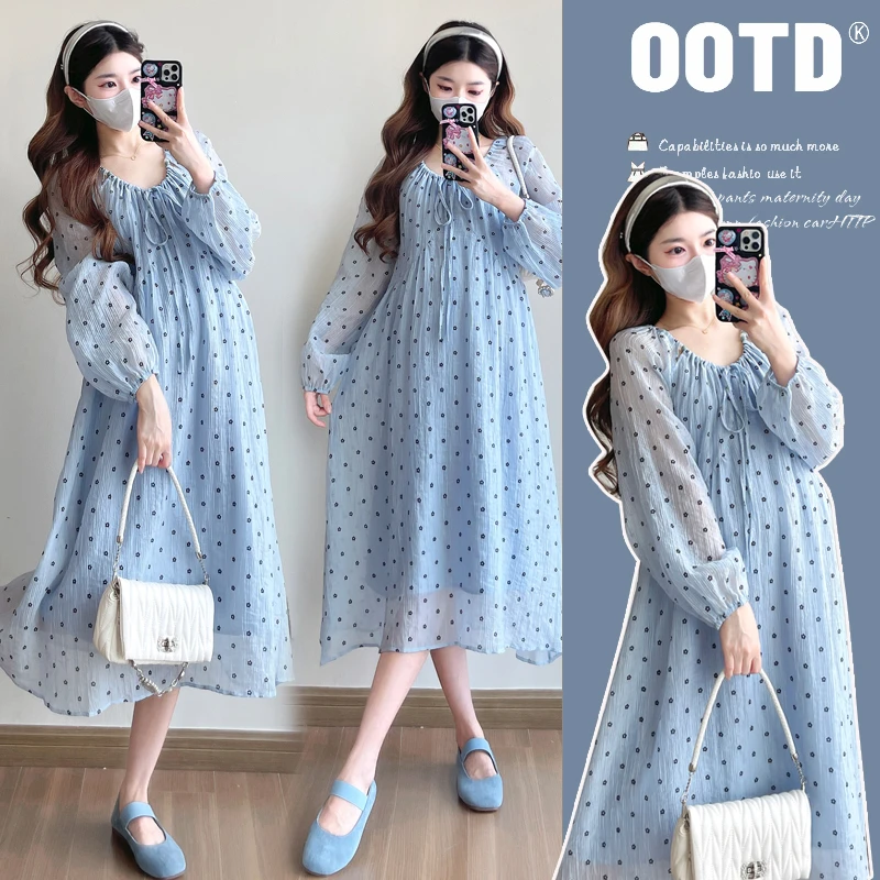 孕妇2025春季新款韩版气质领口镂空碎花中长款大码孕妇连衣裙