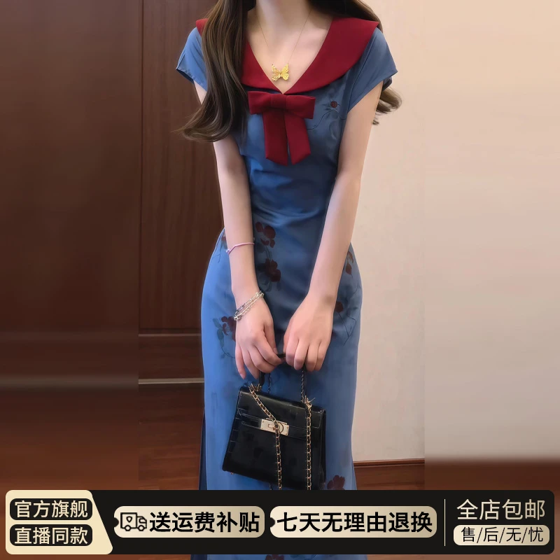 新中式国风蝴蝶结碎花连衣裙子女夏季2025新爆款修身显瘦旗袍长裙
