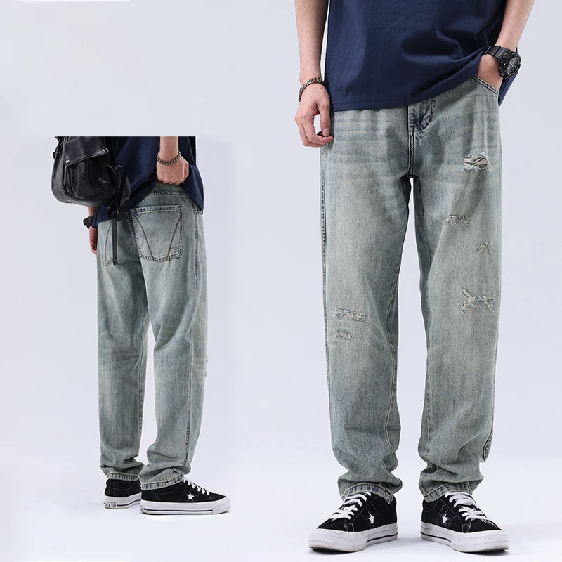 夏季莱赛尔冰丝牛仔裤男士2025新款破洞潮牌休闲宽松直筒长裤子男