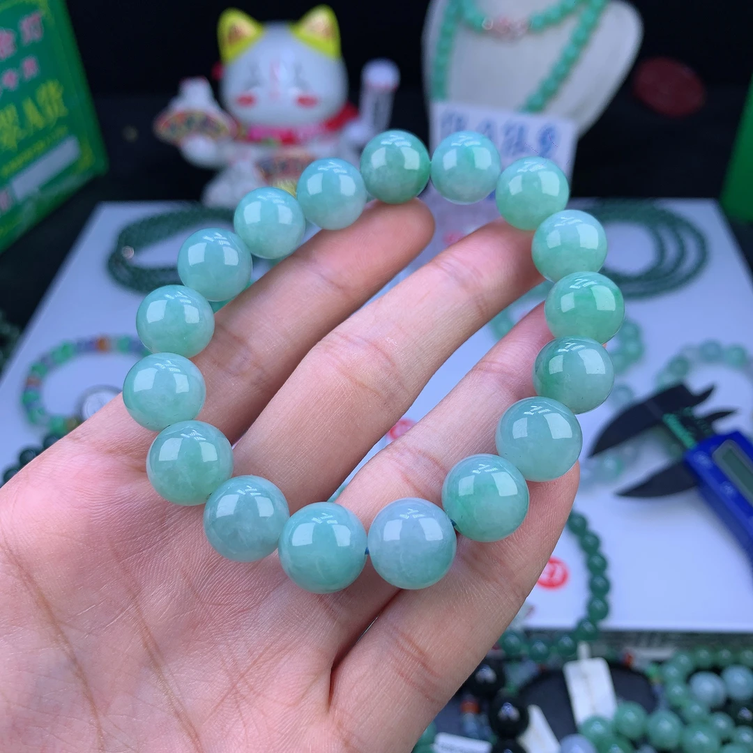 正品缅甸天然翡翠A货冰透满绿薄荷绿翡翠手串12-13mm时尚百搭绿色