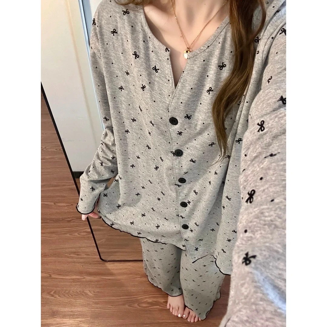 韩版甜美波点蝴蝶结印花睡衣女春秋新款长袖长裤家居服套装可外穿