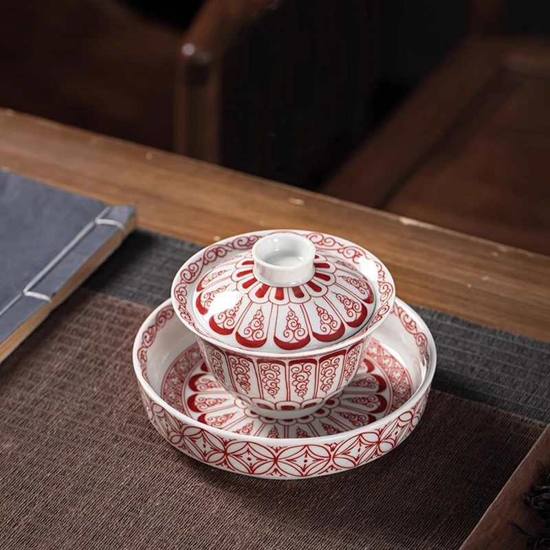 景德镇青花瓷芭蕉叶功夫茶具家用三才盖碗泡茶器茶杯主人杯壶承