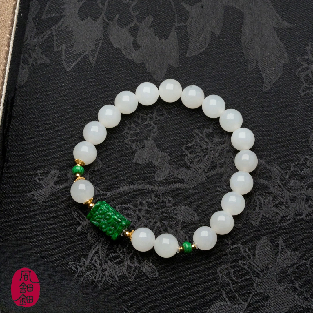 周钿钿®|青雅|天然辣绿翡翠和田玉羊脂白玉18K金设计款手串