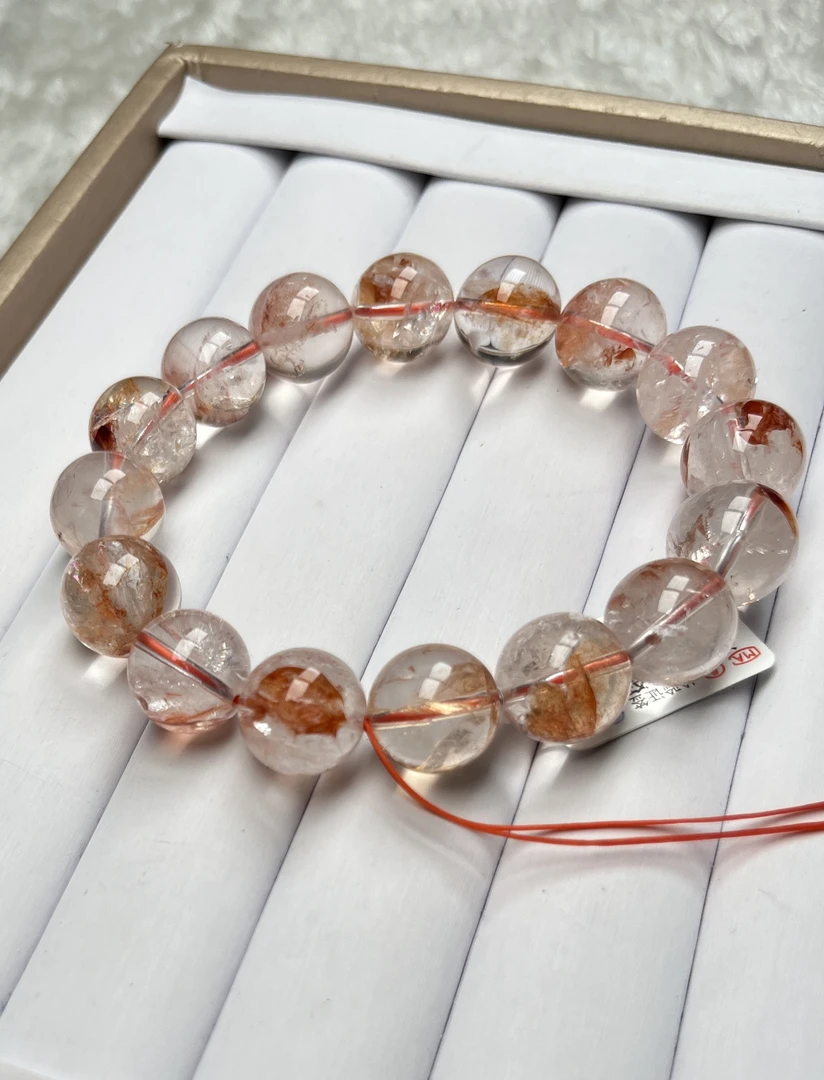 天然水晶芬达红胶花水晶手链手串送女朋友送老婆女人三宝胶花14mm