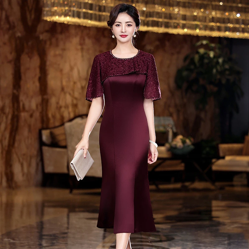 喜婆婆婚宴装结婚礼服中长款高端轻奢显瘦洋气年轻妈妈连衣裙夏季