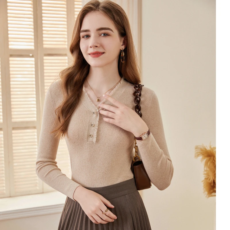MIHUANG/米皇2025新款V领修身羊绒女衫632816