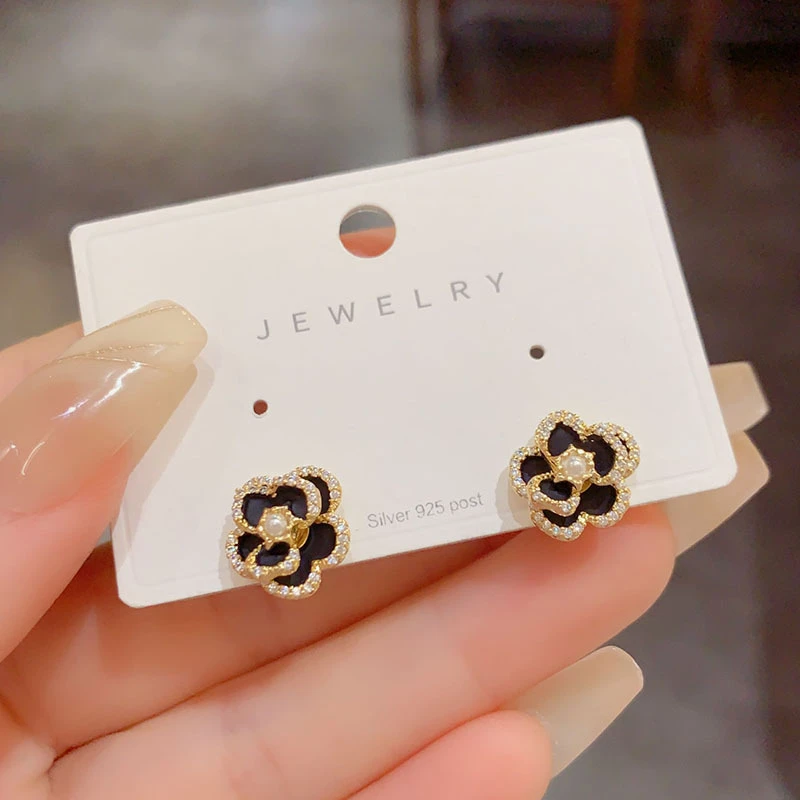 铜合金耳饰 森系百搭微镶黑色山茶花耳钉韩版气质时尚耳环
