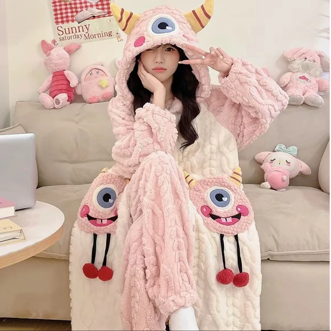 2025新款法兰绒睡袍加绒家居服加厚珊瑚绒套装秋冬季女学生睡衣女