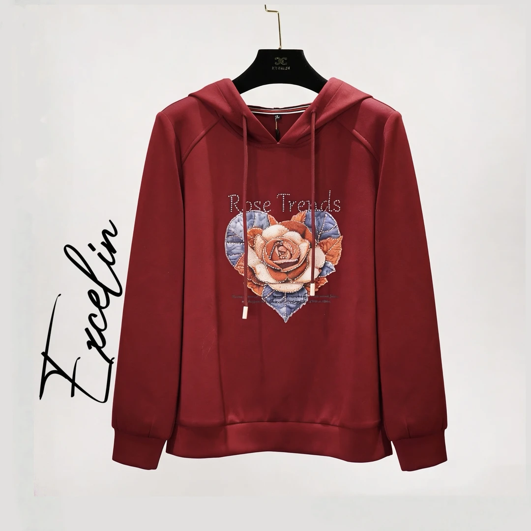 断码孤品EXC933深红心花显瘦减龄洋气卫衣帽衫上衣