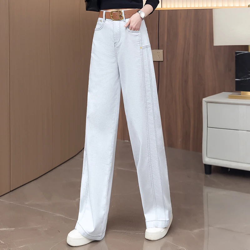 拉夏贝尔米白色直筒牛仔裤女2025年新款春秋宽松弯刀裤高腰香蕉裤