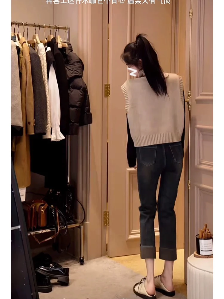 加绒加厚黑色直筒牛仔裤女高腰显瘦九分烟管裤秋冬1786