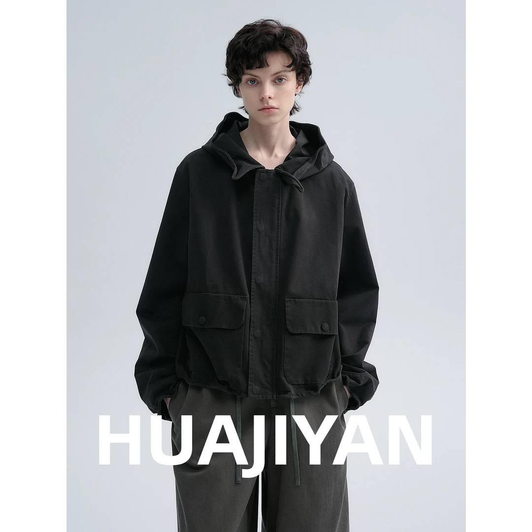 华吉言/HUAJIYAN【小耳朵】100棉扭扭设计直身轻工装连帽外套