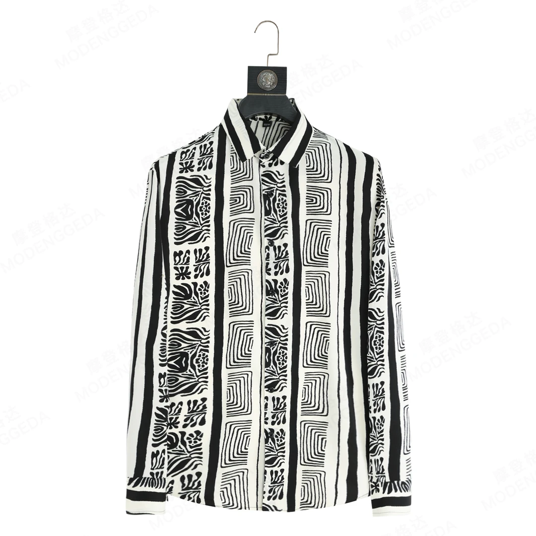 2025新款高定质感复古条纹衬衣男士免烫花衬衫几何植物撞色穿搭